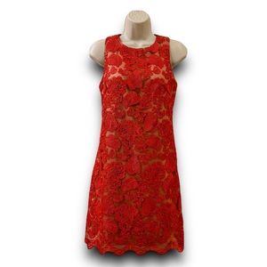 Vince Camuto Women’s Floral Embroidered Dress Size 0 Poppy Red Scalloped Hem
